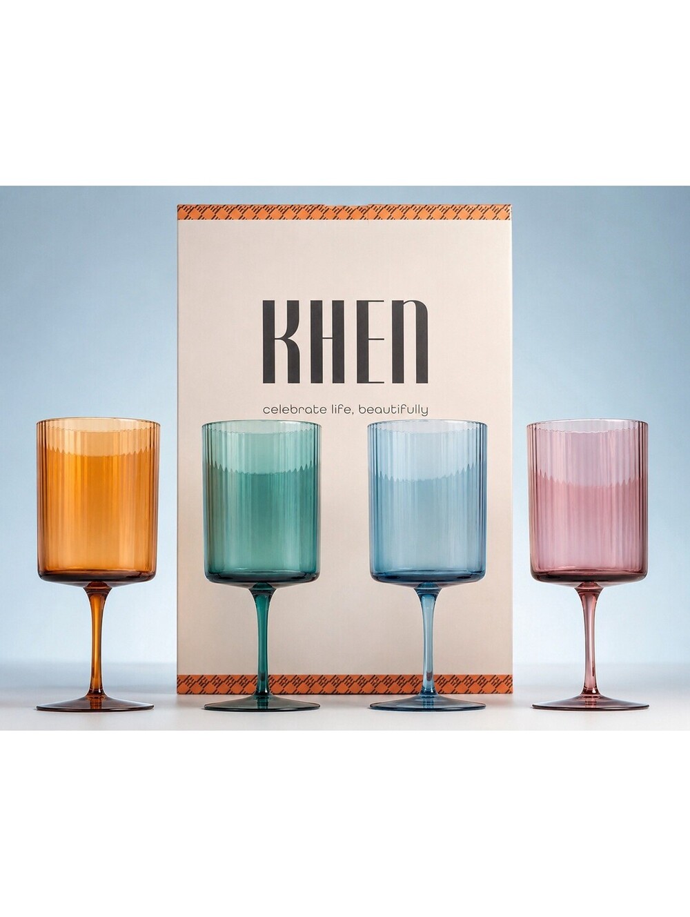 NIB Khen Tonal Ribbed Square Wine Glasses Set Of 4 Multicolor, 3x9"